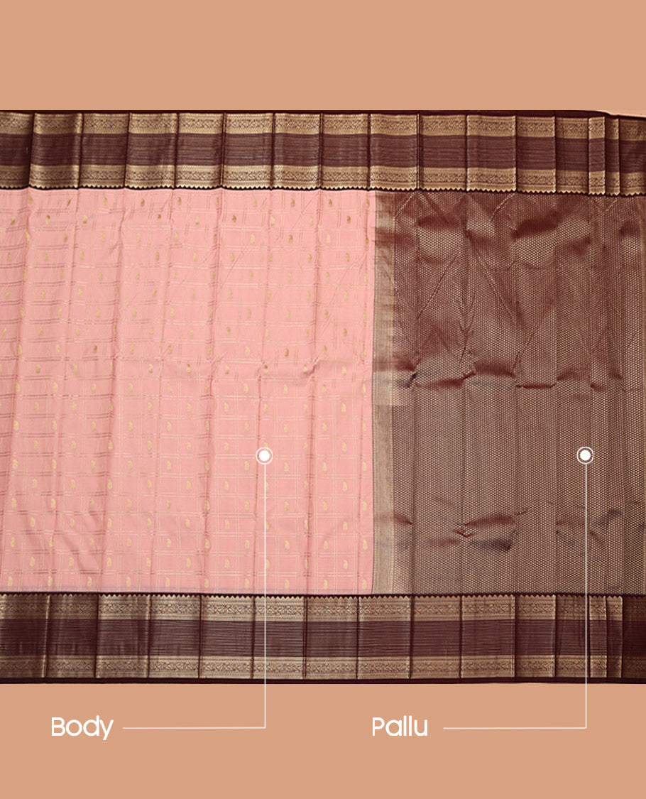 Pink Budget Silk Saree, Richly Detailed with Zari Butta Enclosed Checks, Complemented by Contrast Traditional Zari Border, Grand Pallu, and a Contrast Blouse