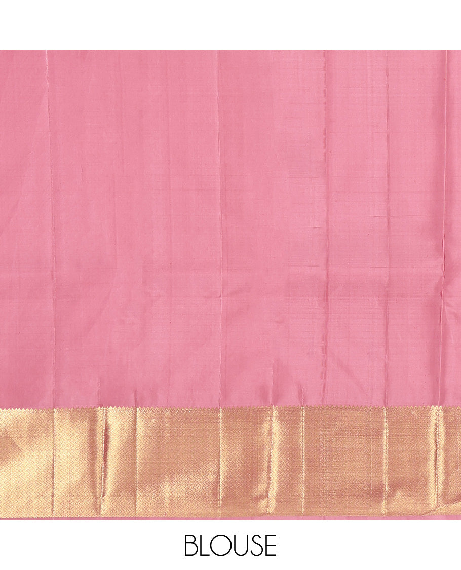 Pink Embossed Parampara Silk Saree, Highlighted by Zari Border of Thilakam and Vanki Designs, Pallu Steeped with Rudraksham Designs, and Paired with a Matching Blouse