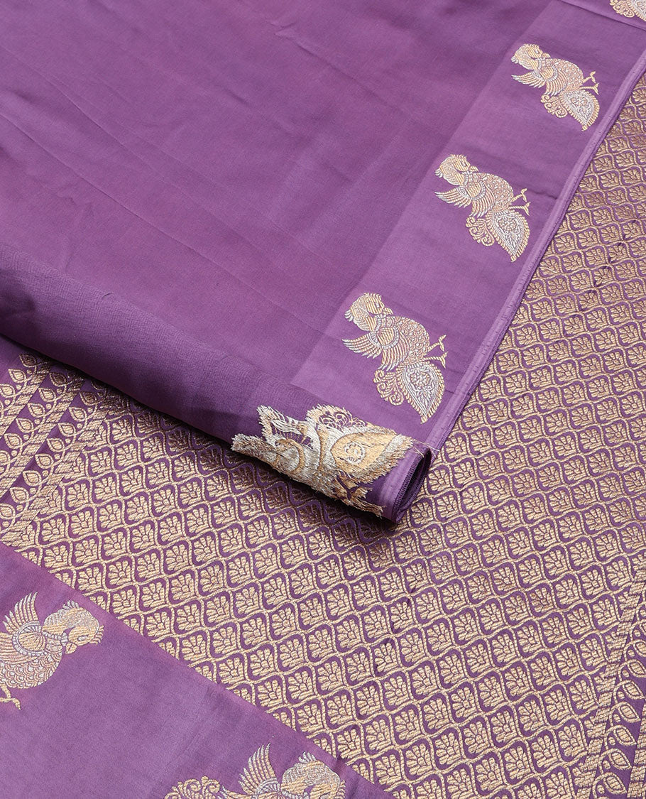Purple mushru silk saree with self bird design border & ogee design pallu
