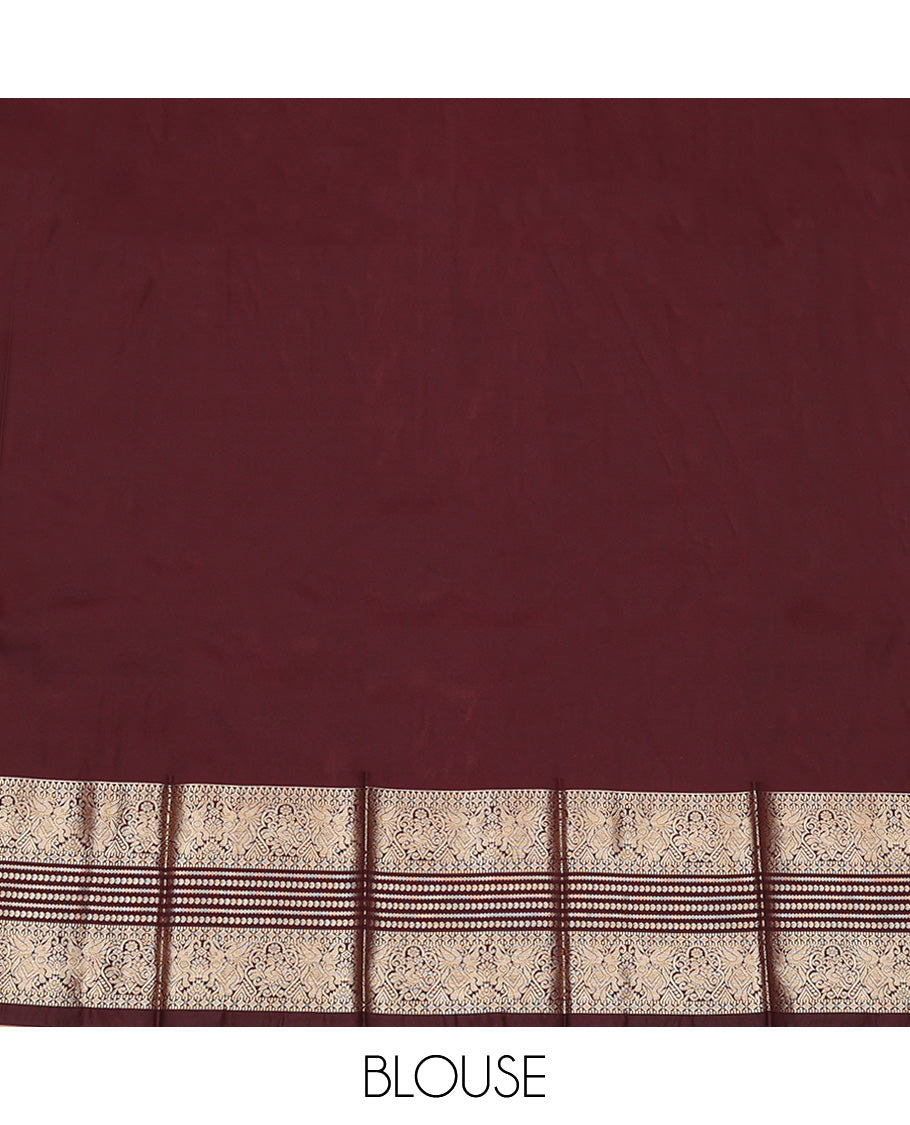 Brown Budget Silk Saree, Artfully Woven with Peacock Buttas All Over Its Body, Complemented by Contrast Traditional Zari Designs Woven Border, Grand Jaal Pallu and Paired with a Contrast Blouse