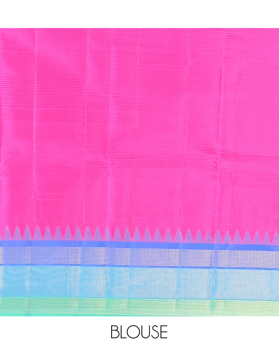 Violet Striped Bangalore Silk Saree, Complemented by a Contrast Temple Ganga-Jamuna Border, Zari-Striped Pallu, and Contrast Blouse