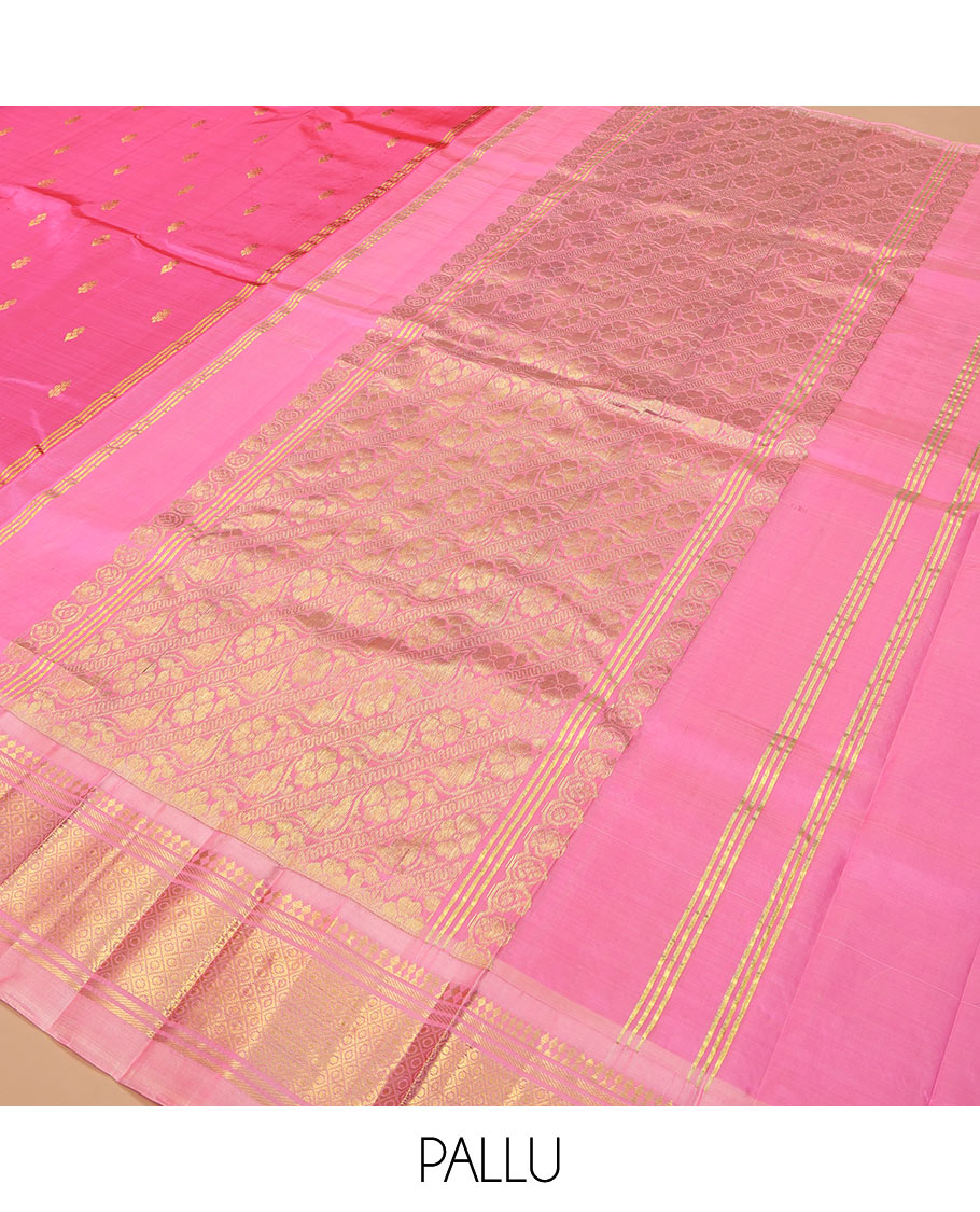 Pink Kanchipuram Silk Saree, Delicately Woven with Zari Buttas, Complemented by a Contrast One-Sided Border of Panner Sombu, Banaras, and Jaal Designs, Kodi Visiry Pallu, and a No Blouse
