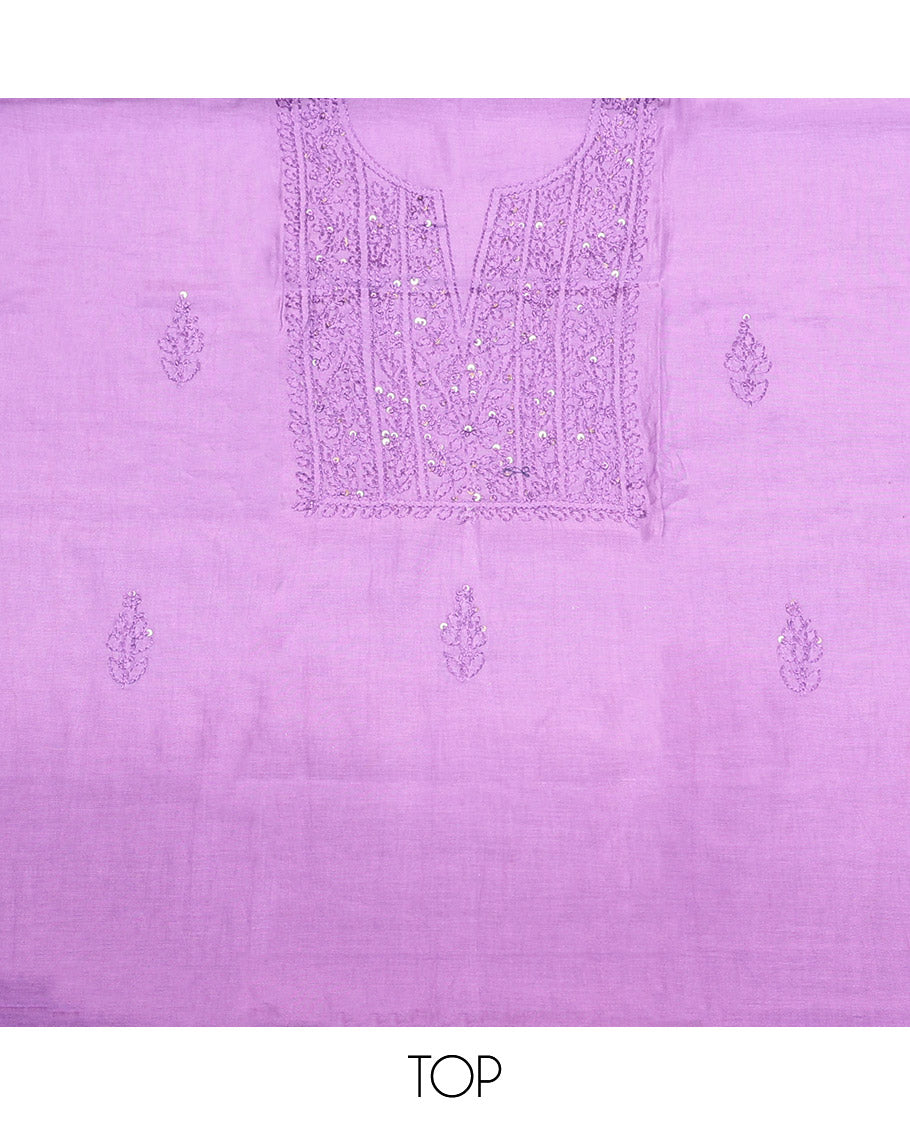 Light Purple Cotton Material Churidar Set, Subtly Crafted with Sequined Thread Neck Work Top, a Contrast Plain Bottom, and Thread Dupatta