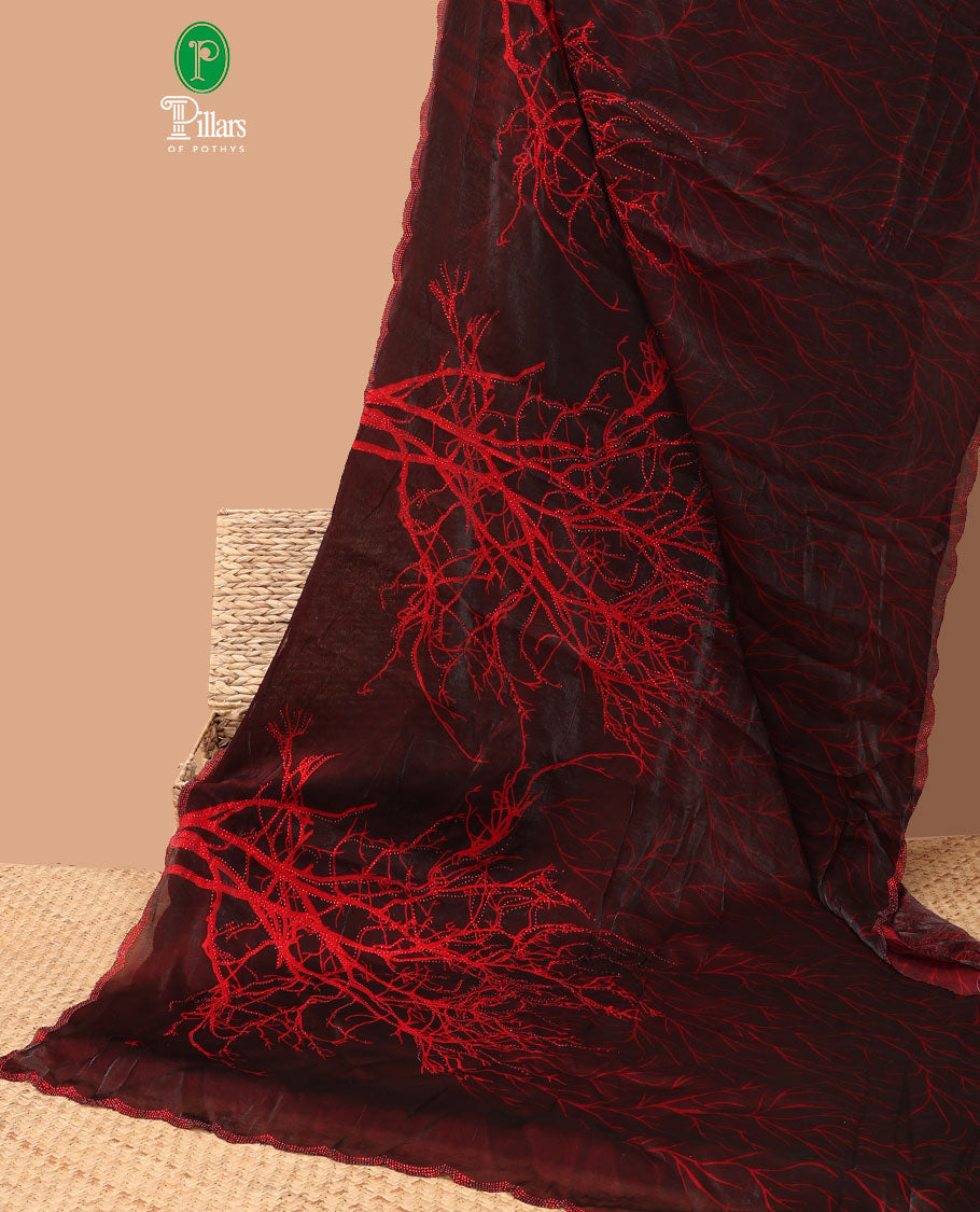 Red with maroon digital print, diamond work fendy satin saree with stone work border