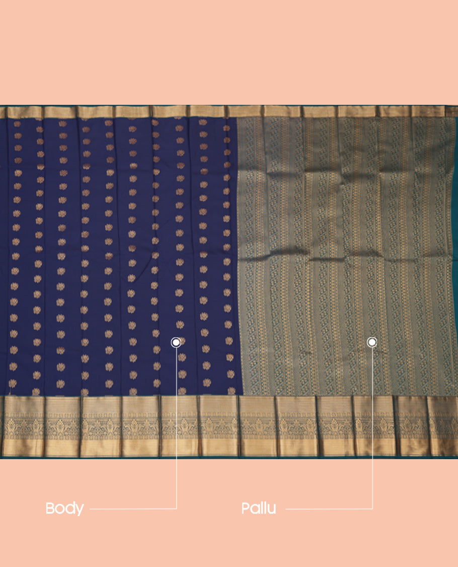 Navy Blue Budget Silk Saree, Gleamed Up with Zari Buttas, Complemented by a Contrast Traditional Zari Border, Grand Pallu, and a Contrast Blouse