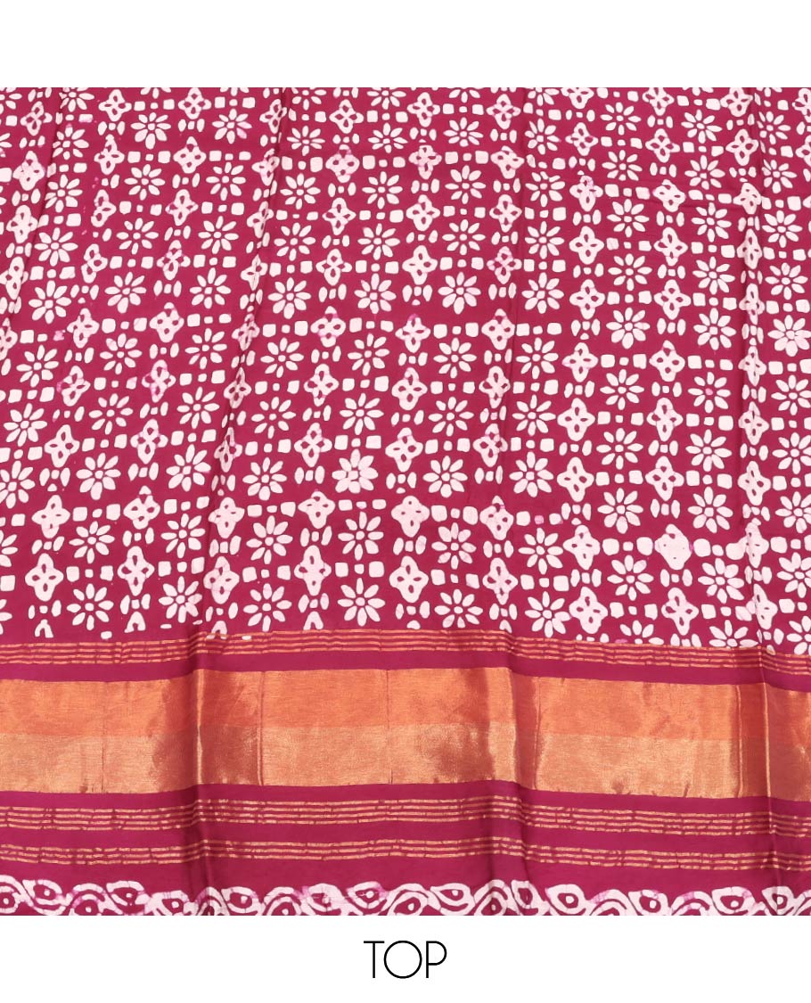 Magenta Material Chudidar Set, Adorned with Batik Printed Chanderi Cotton Top, a Plain Cotton Bottom, and Paired with Batik Printed Chanderi Cotton Dupatta