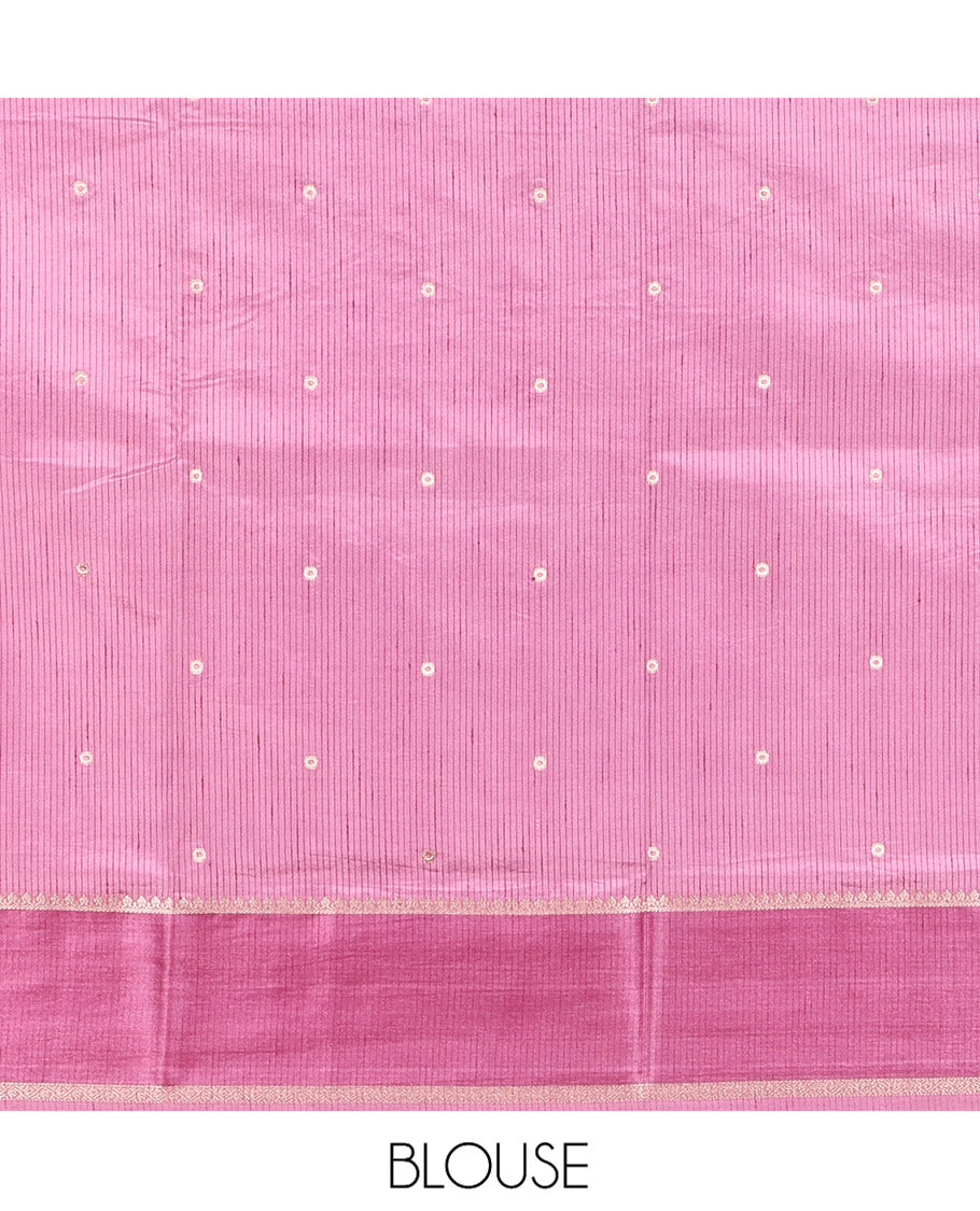 Blue Semi-Banaras Dupion Saree, Impeccably Styled with Floral Buttas, Complemented by Contrast Temple Border, Grand Jaal Pallu, and a Contrast Blouse