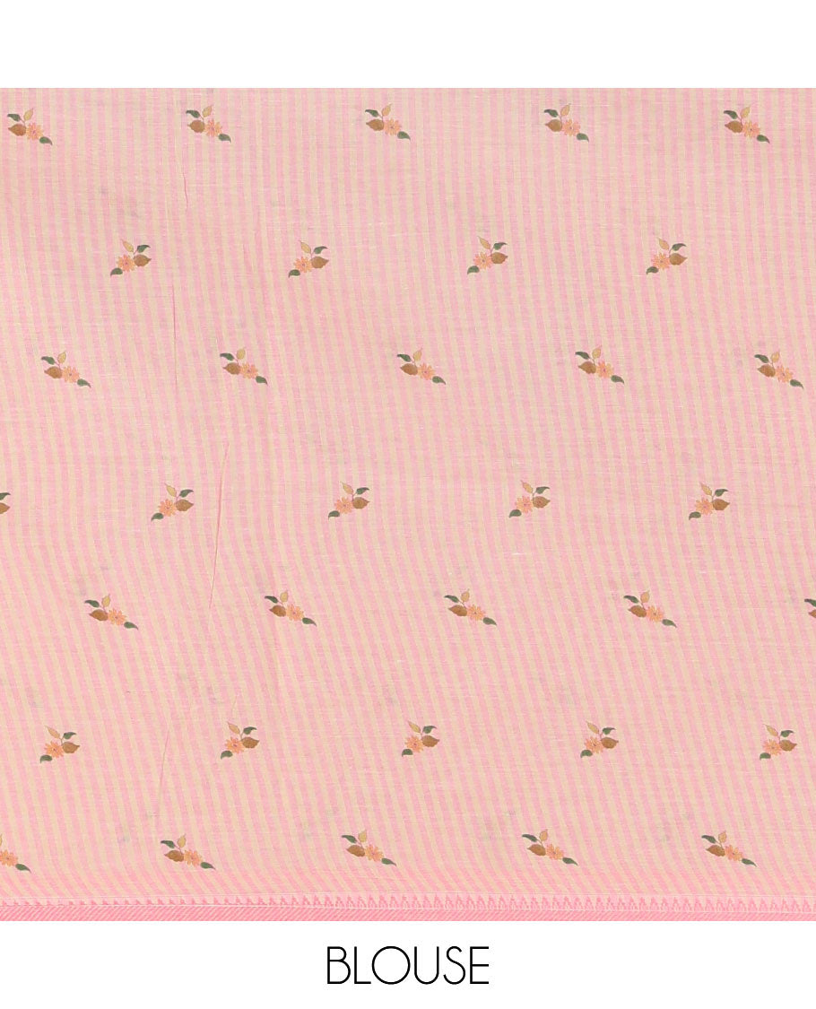 Chikku-pink macow parrot and floral printed Mangalgiri cotton saree, contrast thread traditional border, astriped pallu, and floral-stripes printed blouse