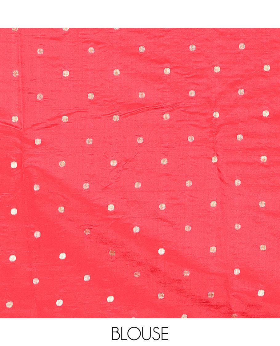 Green Dupion Silk Saree, Decorated with Zari Butta Enclosed Checks, Complemented by a Contrast Border, Zari Striped Pallu, and a Contrast Blouse