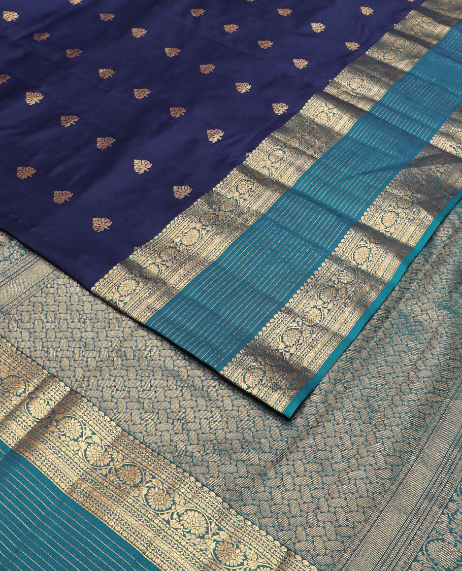 Blue zari buttas vasundhara silk mix saree, contrast geometric pallu & border of thilakam mokku,neli,poun,stripes & kodi visiry