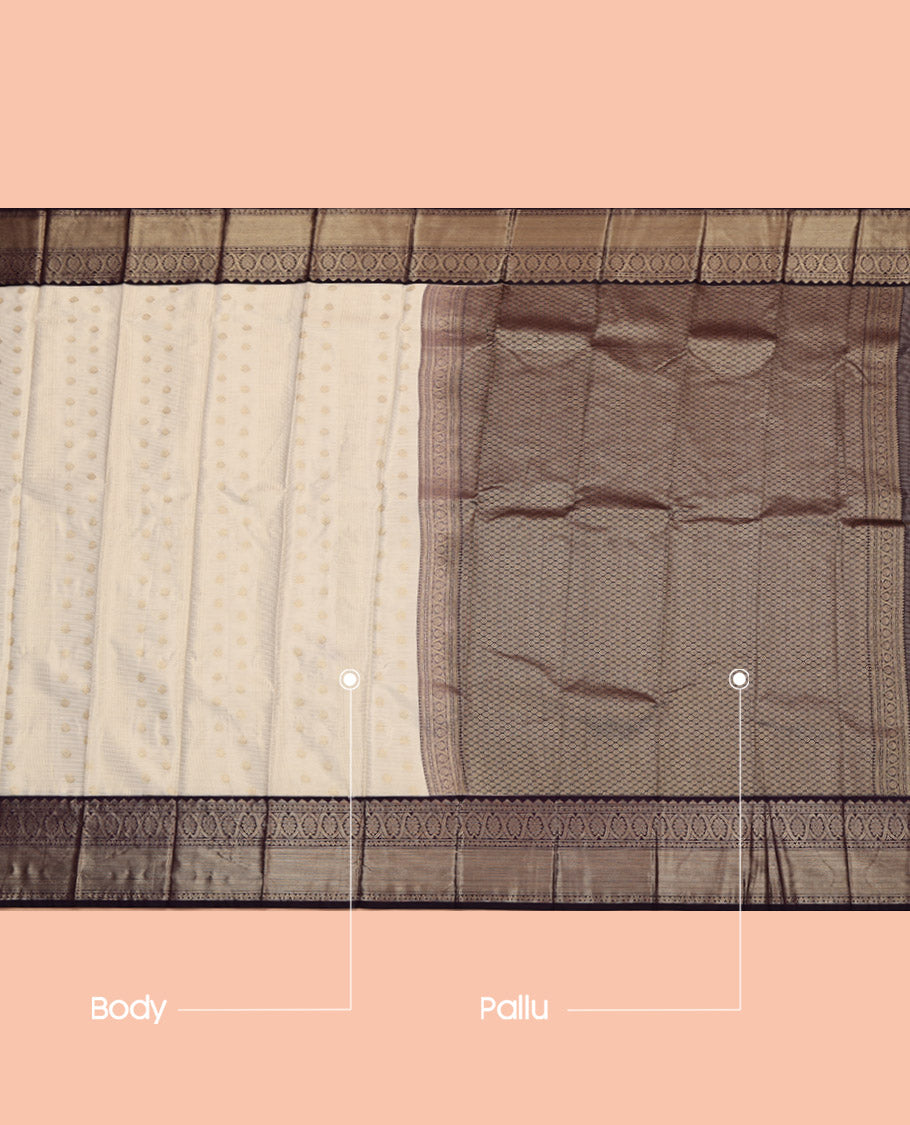 Cream Budget Silk Saree, Gleamed Up with Zari Buttas and Checks, Complemented by a Contrast Traditional Zari Border, Grand Pallu, and a Contrast Blouse