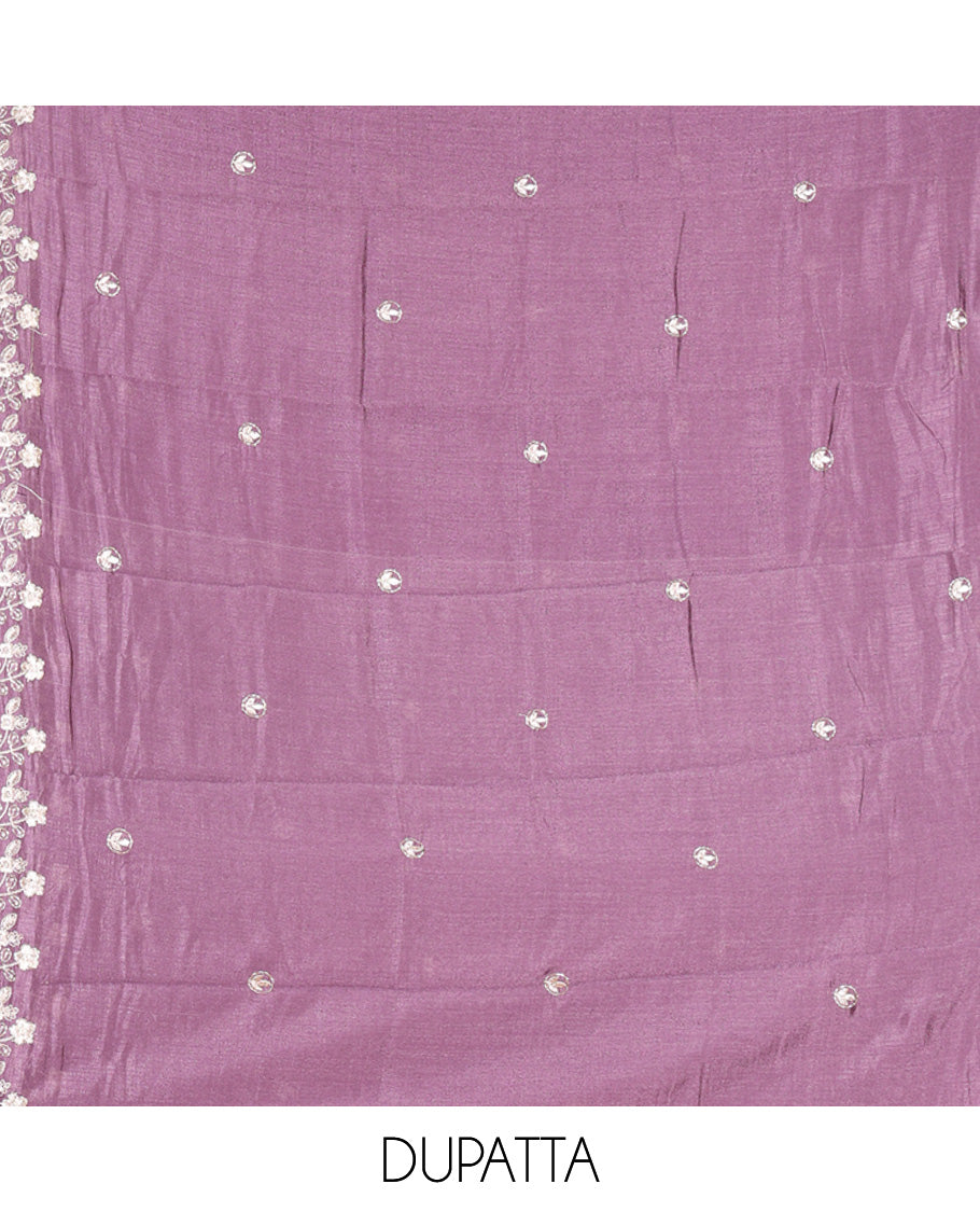 Lavender Semi-Silk Material Churidar Features a Floral Embroidered Top, a Matching Bottom, Embroidered Dupatta