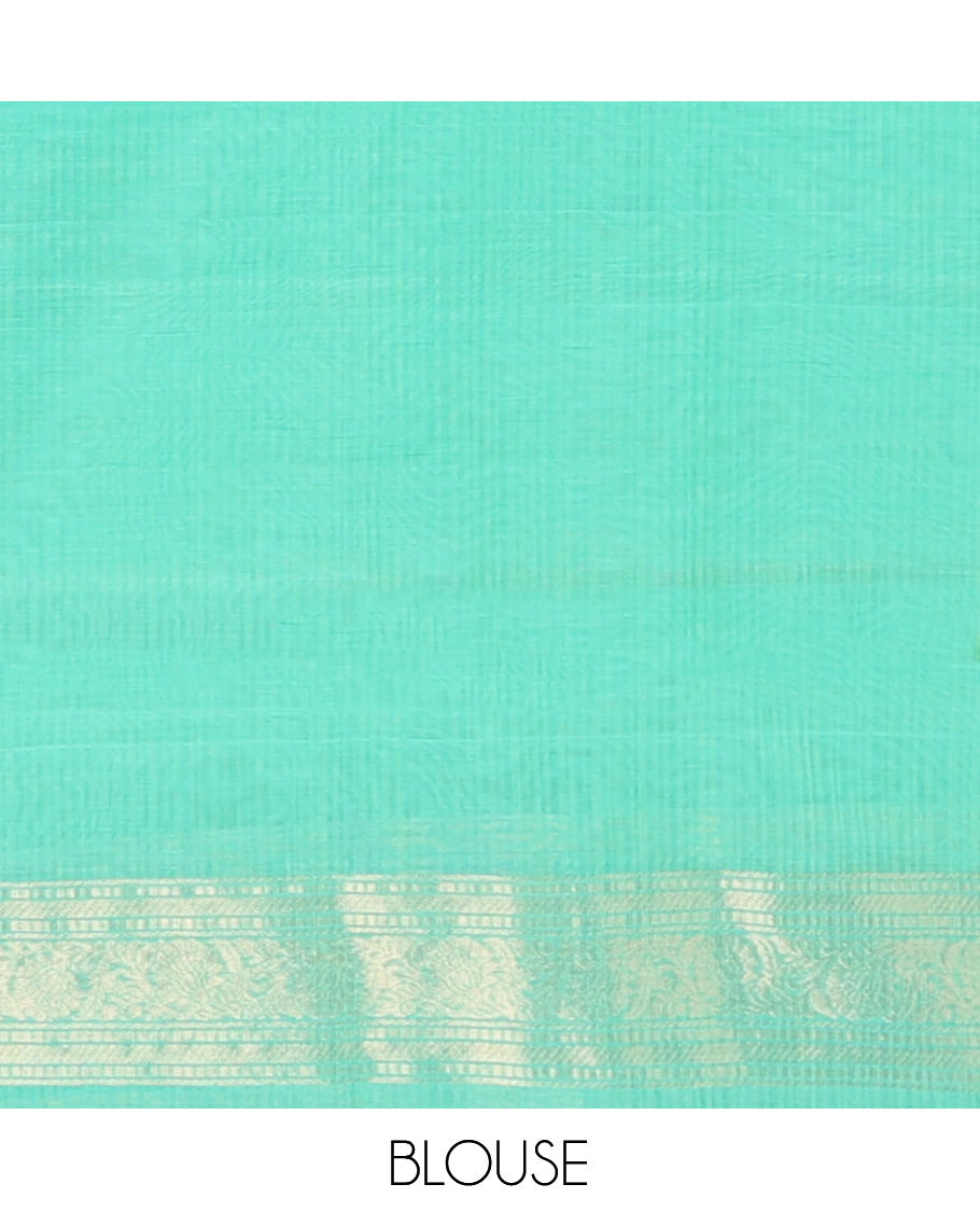 Borderless Turquoise Silk Cotton Saree, Accentuated with Zari Buttas and Stripes, Grand Pallu, and a Matching Blouse