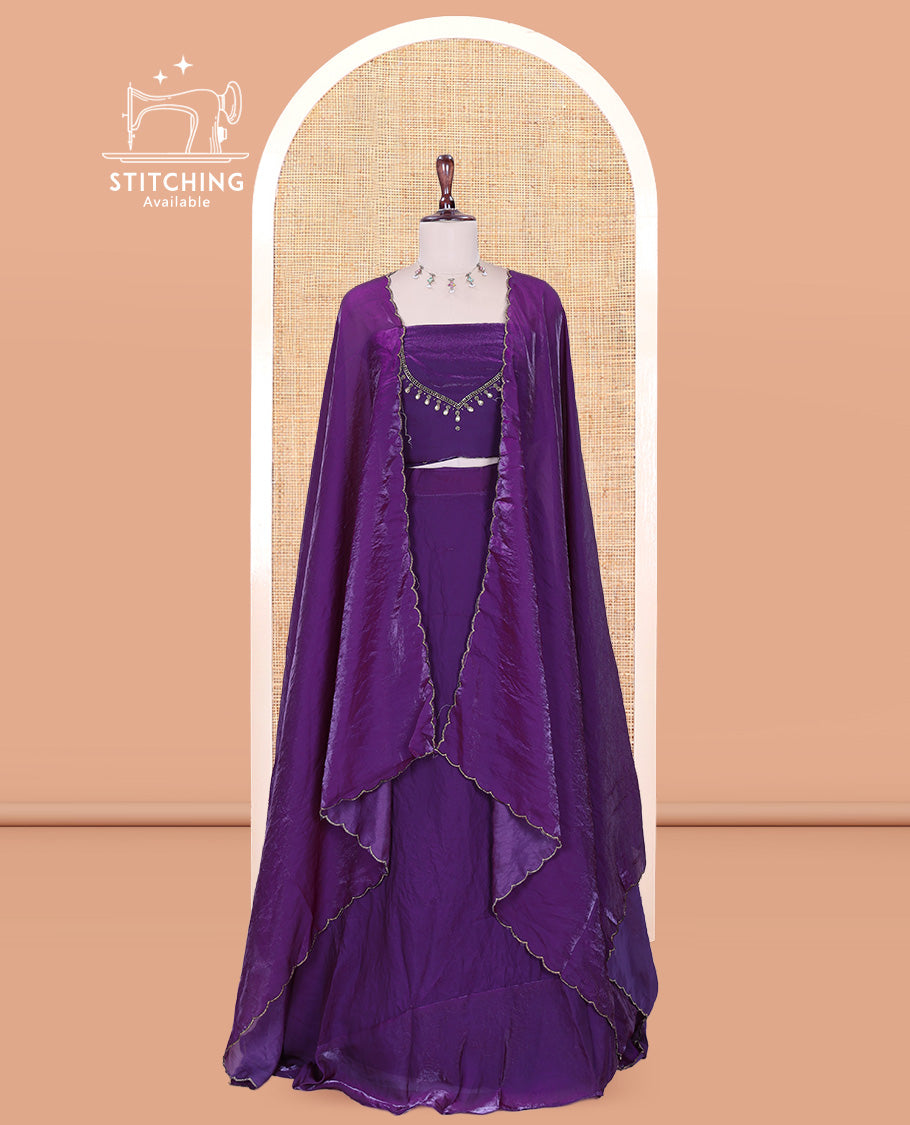 Dark Purple Fendi Organza Half-Saree, Plain Skirt, Matching Embroidered Blouse, Matching Scallop Dhavani