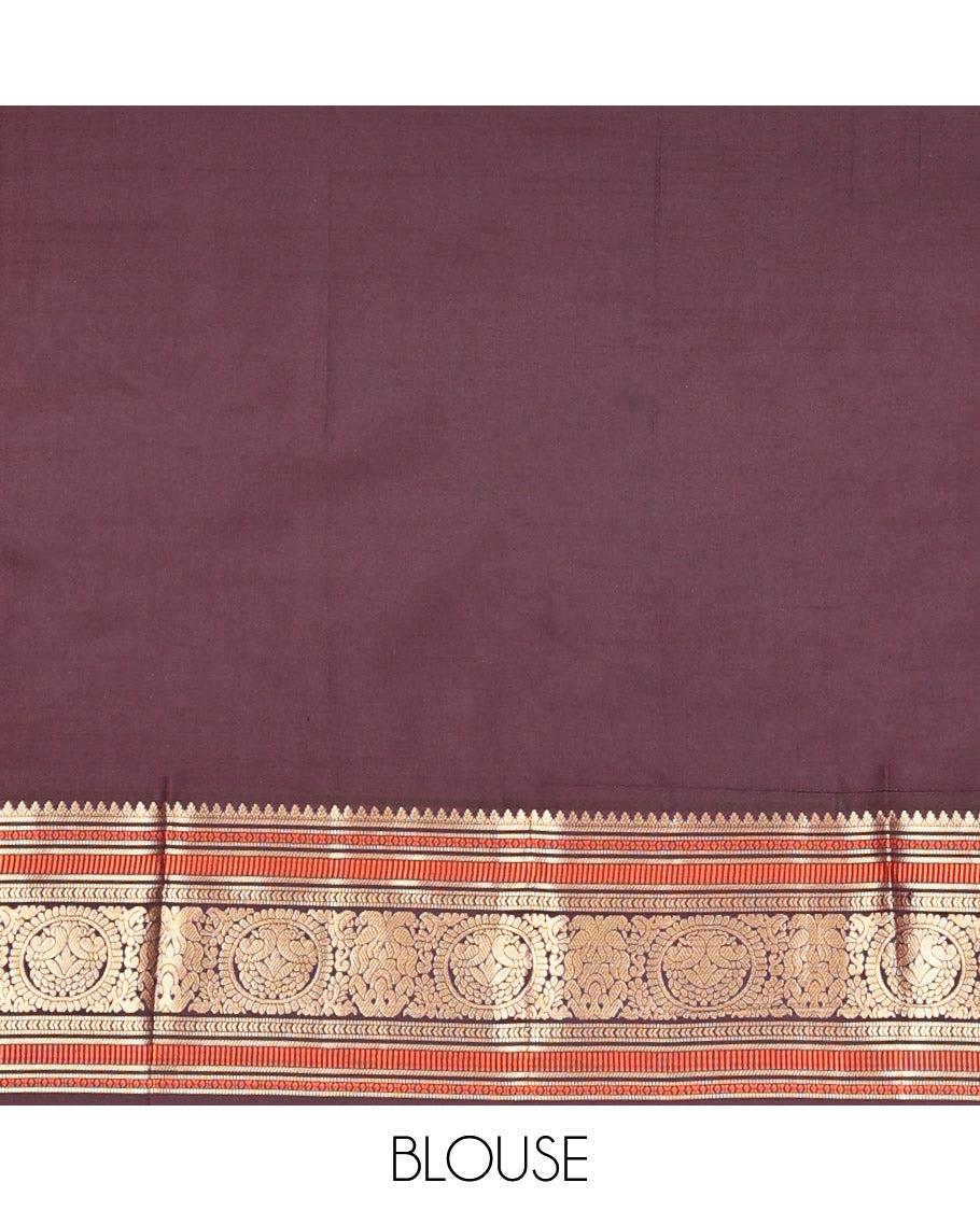 Red Plain Vasundhara Lite Silk Saree, Complemented by a Contrast Border of Banaras, Diamond, Muthu, Kathir, and Round Mayil Designs, Grand Jaal Pallu, and Paired with a Contrast Blouse