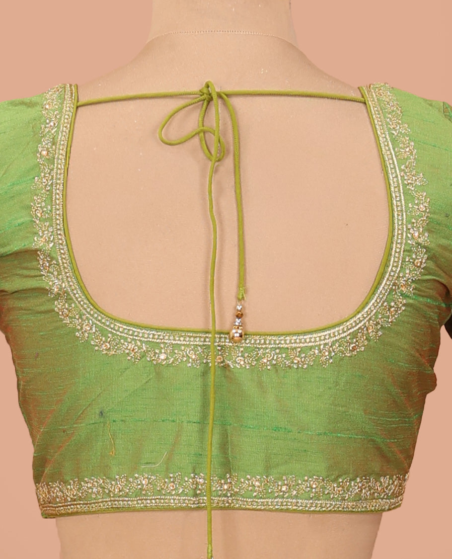 Parrot green embroidered front-back round neck elbow sleeve blouse