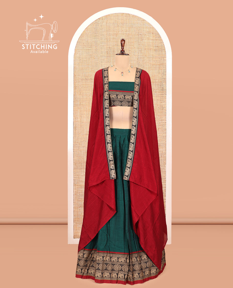 Green Mercerised Cotton Half-Saree, Plain Skirt, an Elephant Motif Border, a Matching Blouse, Contrast Dhavani