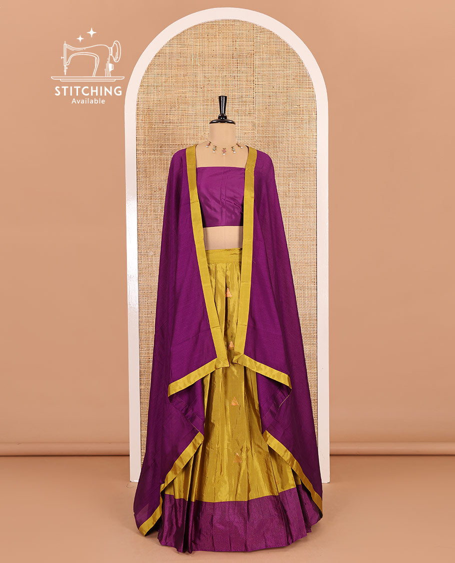 Yellow and pink half-saree, buttas with traditional zari bordered taffeta silk skirt, a plain blouse, and a contrast vichitra silk dhavani