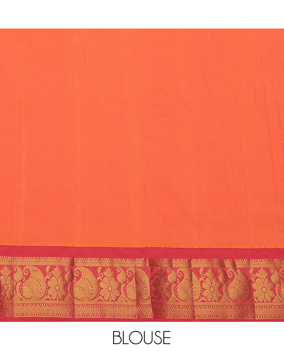 Orange Art Silk Pavadai Material Set, Finely Crafted with Zari Designs on Its Skirt, Complemented by a Contrast Traditional Zari Border, and a Matching Blouse
