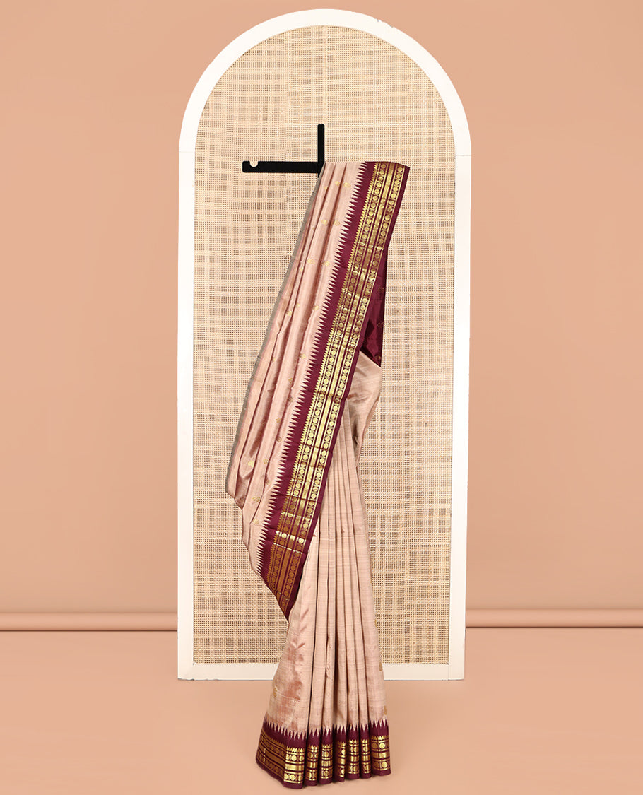 Pale Brown Kanchipuram Silk Saree Featuring Zari Buttas, Complemented by a Contrast One-Sided Temple Border of Thilakam Mokku, Banaras, Poun, and Vanki Designs, Zari Design Pallu, No Blouse