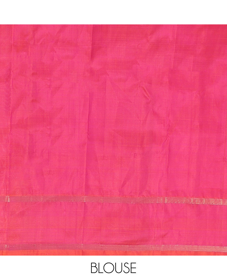 Pink Kanchipuram Silk Saree, Subtly Sparkled with Muthu Zari Stripes, Highlighted by Rettai Pettu Traditional Border, Zari Striped Pallu, and a Matching Blouse