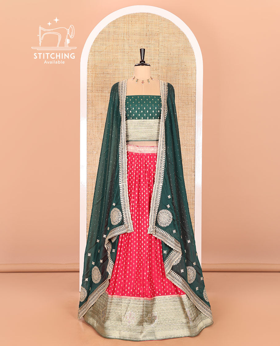 Pink Buttas Embroidered Half-Saree with Contrast Traditional Motifs, Embroidered Viscose Georgette Border, Contrast Blouse, and an Intricately Embroidered Syska Georgette Dhavani