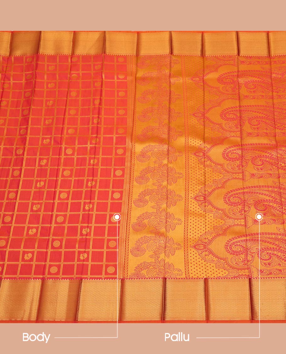 Orange Budget Silk Saree, Artfully Detailed with Peacock-Chakram Butta Enclosed Checks All Over Its Body, Highlighted by a Temple Zari Border of Traditional Designs, Pallu Depicts Mughal-Style Intricate Designs, and Paired with a Matching Blouse