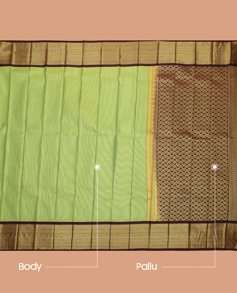Green Budget Silk Saree, Subtly Sparkled With Zari Weave On Its Body Complemented by Contrast Traditional Zari Designs Woven Border, Grand Pallu and Paired with a Contrast Blouse