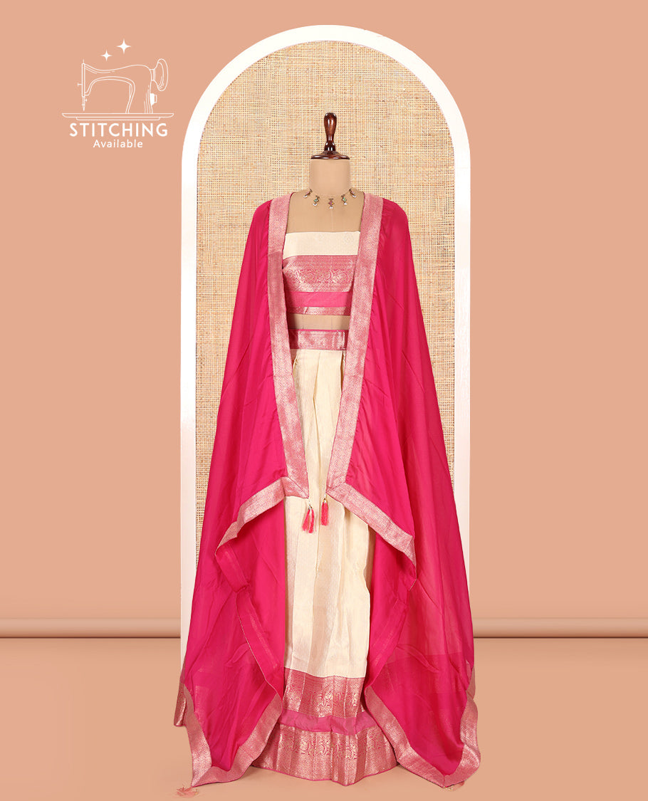 Cream-Magenta Semi-Silk Half-Saree