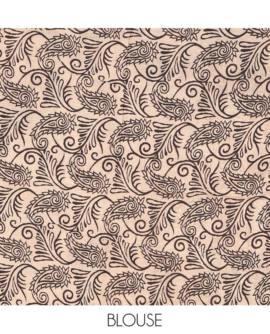 Black Machine-Printed Kalamkari Cotton Saree, Adorned with Floral and Floral Vase on Its Body, Subtly Printed Border, Pallu of Peacock Print, and Paired with a Printed Blouse