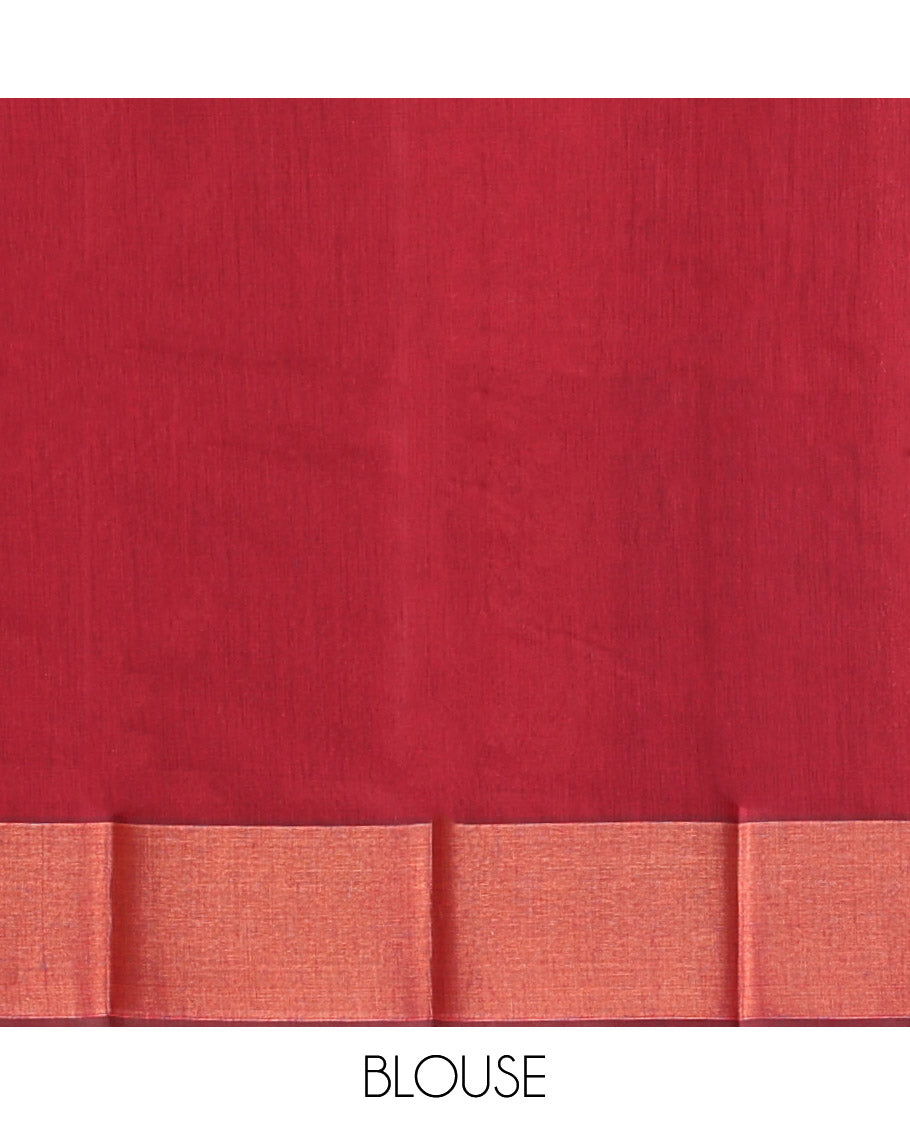 Maroon Semi-Silk Cotton Saree, Ornamented with Peacock Buttas All Over Its Body, Highlighted by a Zari Border of Peacock Designs, Pallu Steeped with Peacock Zari Motifs, and Paired with a Matching Blouse