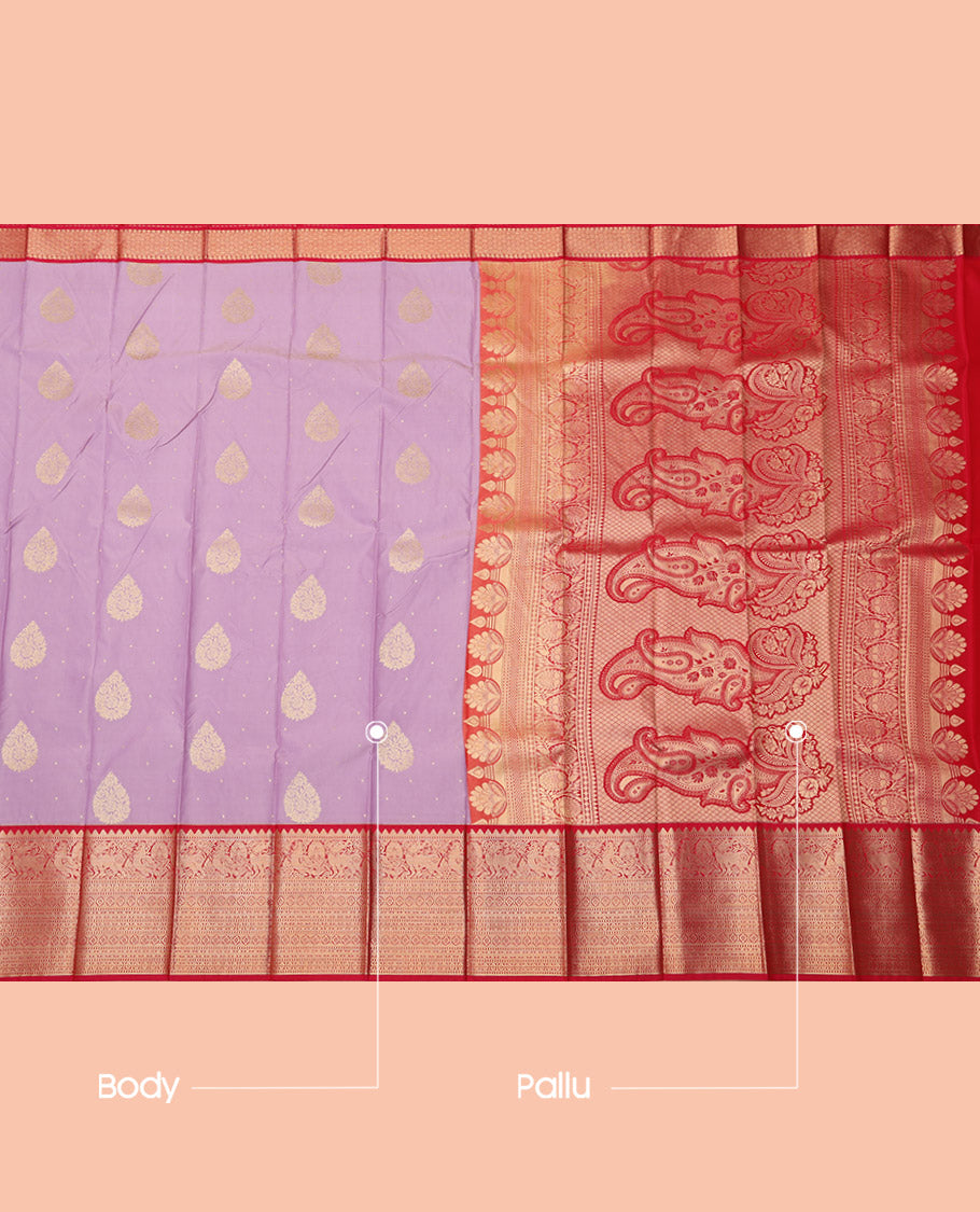 Lavender Budget Silk Saree, Subtly Woven with Zari Buttas, Complemented by a Contrast Traditional Zari Border, Grand Pallu, and a Contrast Blouse