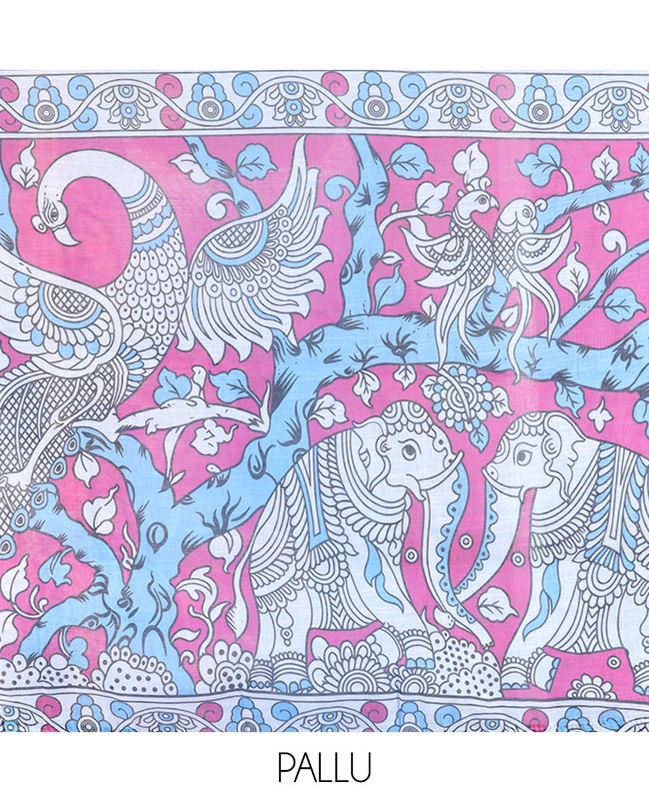 Blue Linen Cotton Saree Features Kalamkari Human Figurines, a Piping Border, Kalamkari Pallu, Contrast Blouse