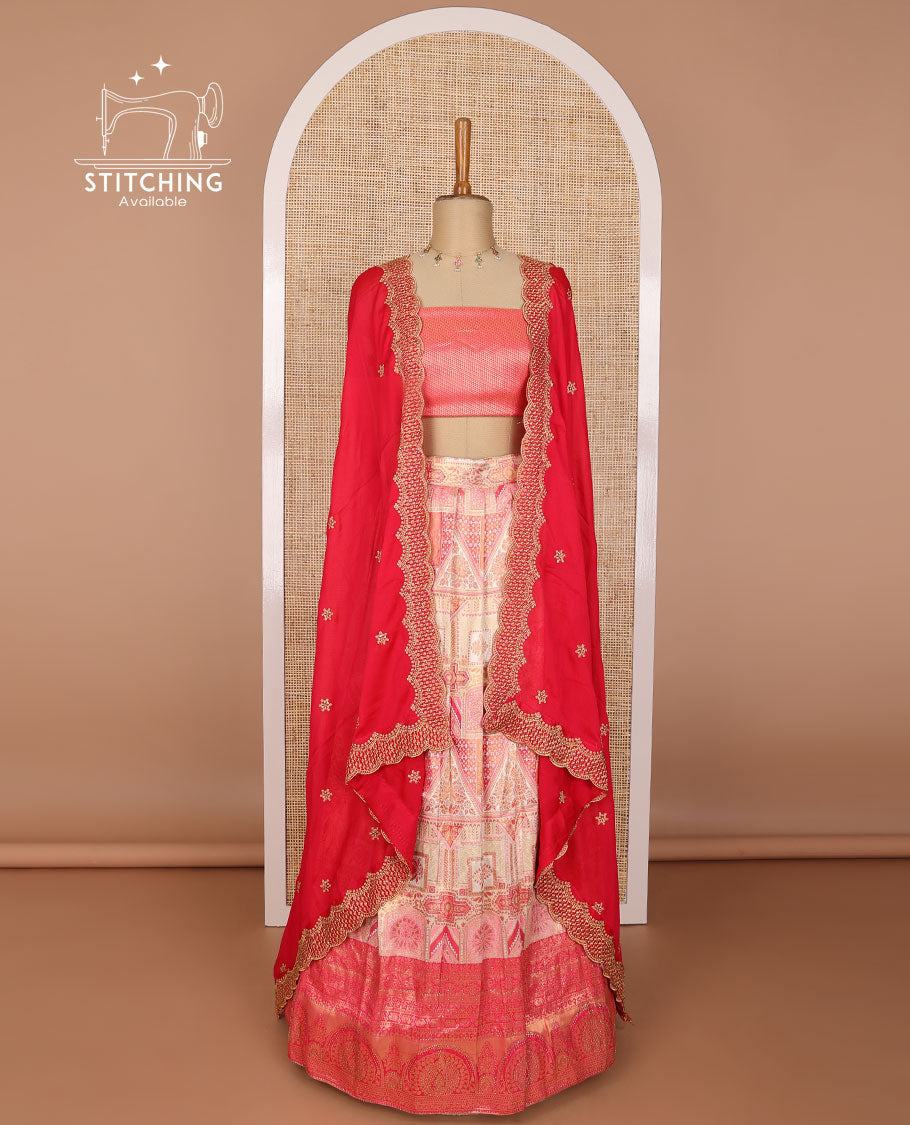 baby pink intricate design banaras half saree with contrast zari design border, argyle design blouse & floral embroidery, scallop border dhavani