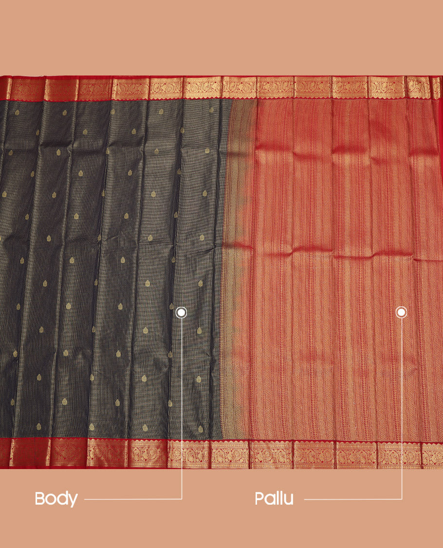 Deep Blue Budget Silk Saree, Elegantly Framed with Zari Buttas and Micro-Checks All Over Its Body, Complemented by a Contrast Traditional Zari Design Border, Grand Geometric-Patterned Pallu, and Paired with a Contrast Blouse