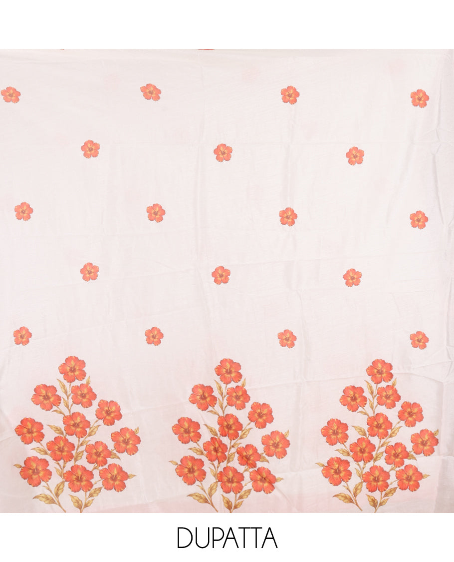 Cream-Red Semi-Silk Material Chudidar, Floral Printed Top, Matching Bottom, Floral Printed Dupatta