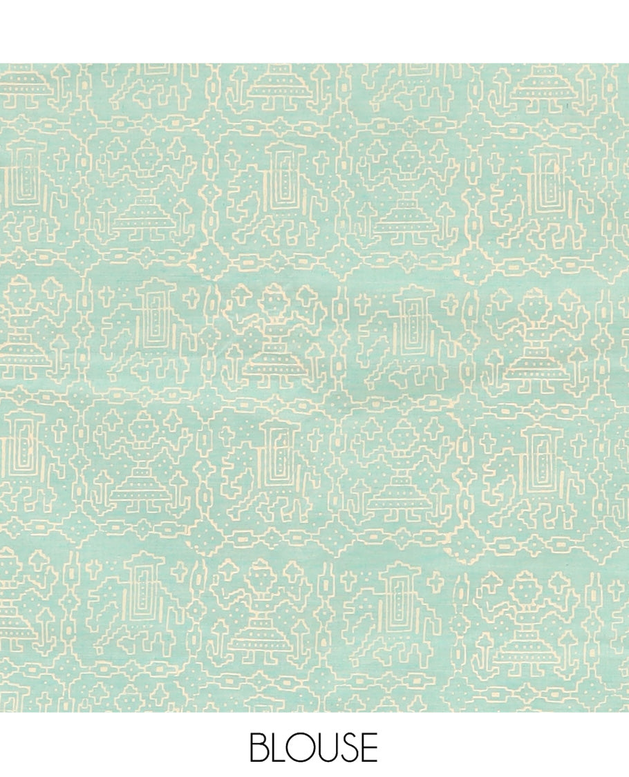 Borderless Cream Deepam-Style Motifs Printed South Cotton Saree Comes with a Matching and a Contrast Block-Printed Blouse
