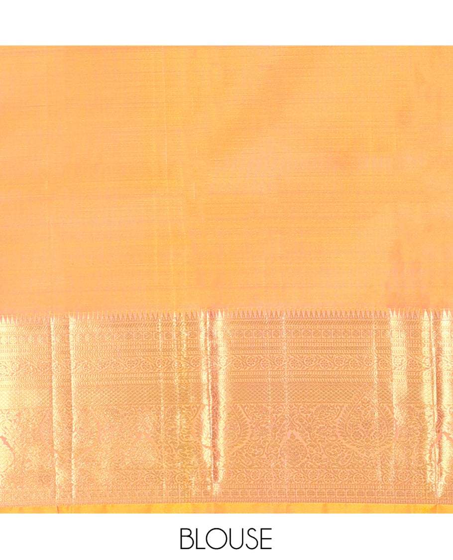 Yellow Kanchipuram Wedding Silk Saree, Detailed with Jacquard Design, a Self-Border of Rekku, Muthu, Poun, Kathir, Kodi Visiry, and Mayil Kann, Grand Pallu, and a Matching Blouse