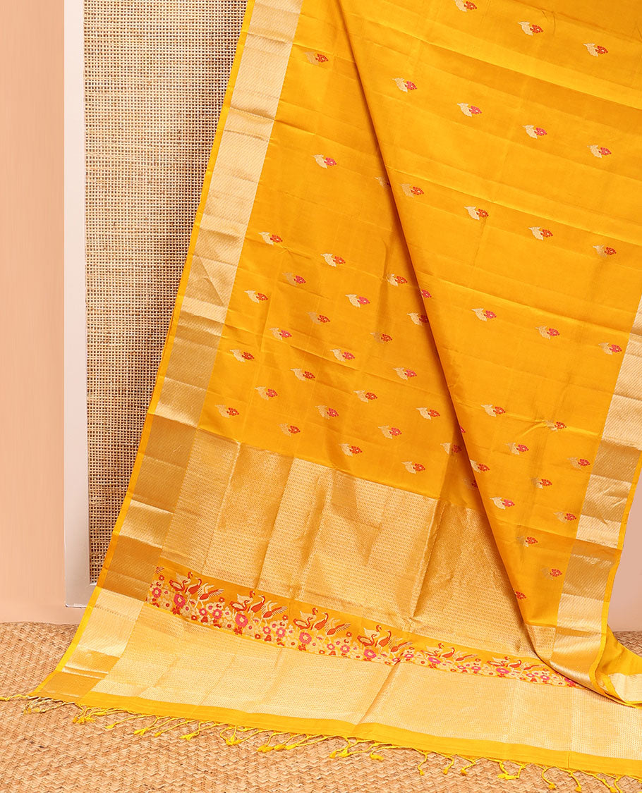 Orange floral motifs mayuri soft silk saree with contrast zari border & striped, floral design pallu