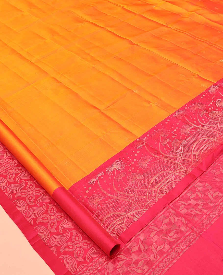 Orange Mayuri Soft Silk Saree, Woven with Buttas All Over the Body, Complemented by a Contrast Floral Design Border, Pallu Steeped with Paisleys, and Paired with a Contrast Blouse