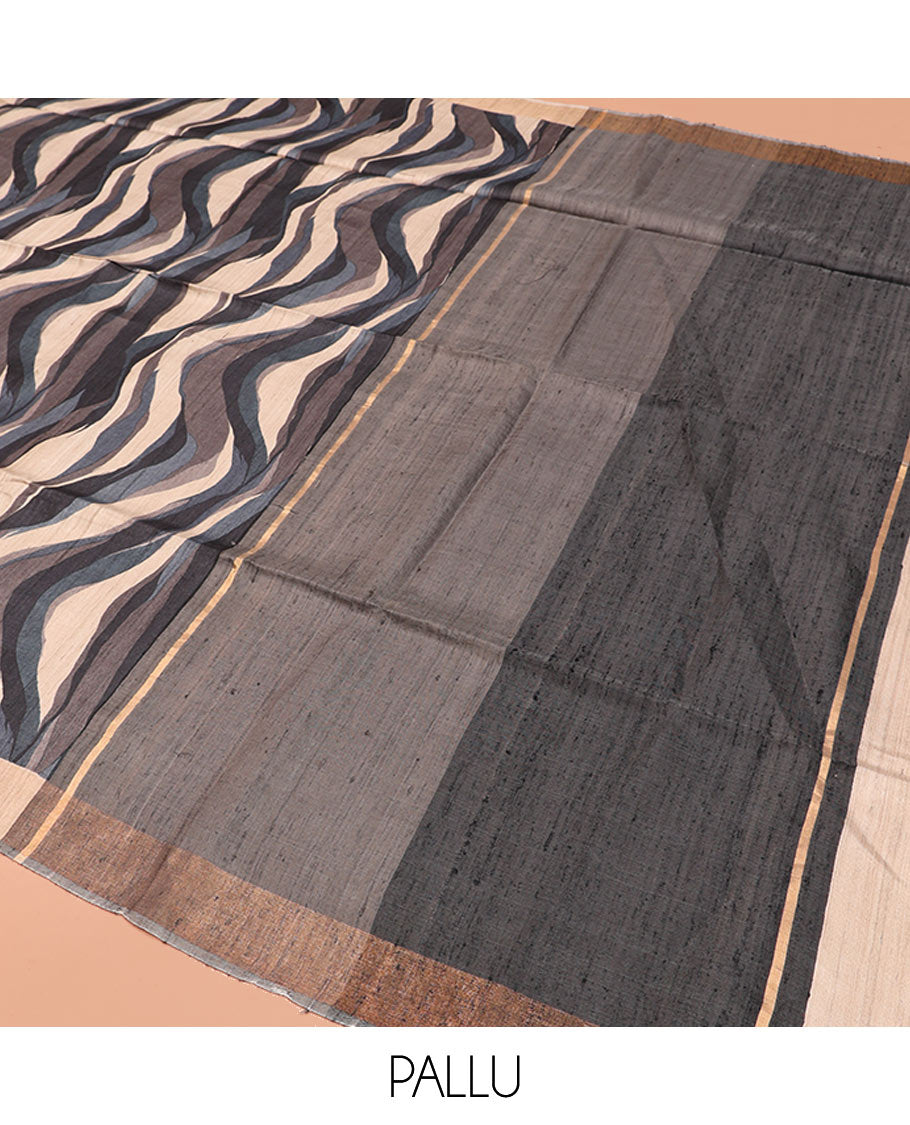 Multi-Color Tussar Silk Saree, Uniquely Detailed with Abstract Print, Complemented by Contrast Border, Plain Pallu, and a Contrast Blouse
