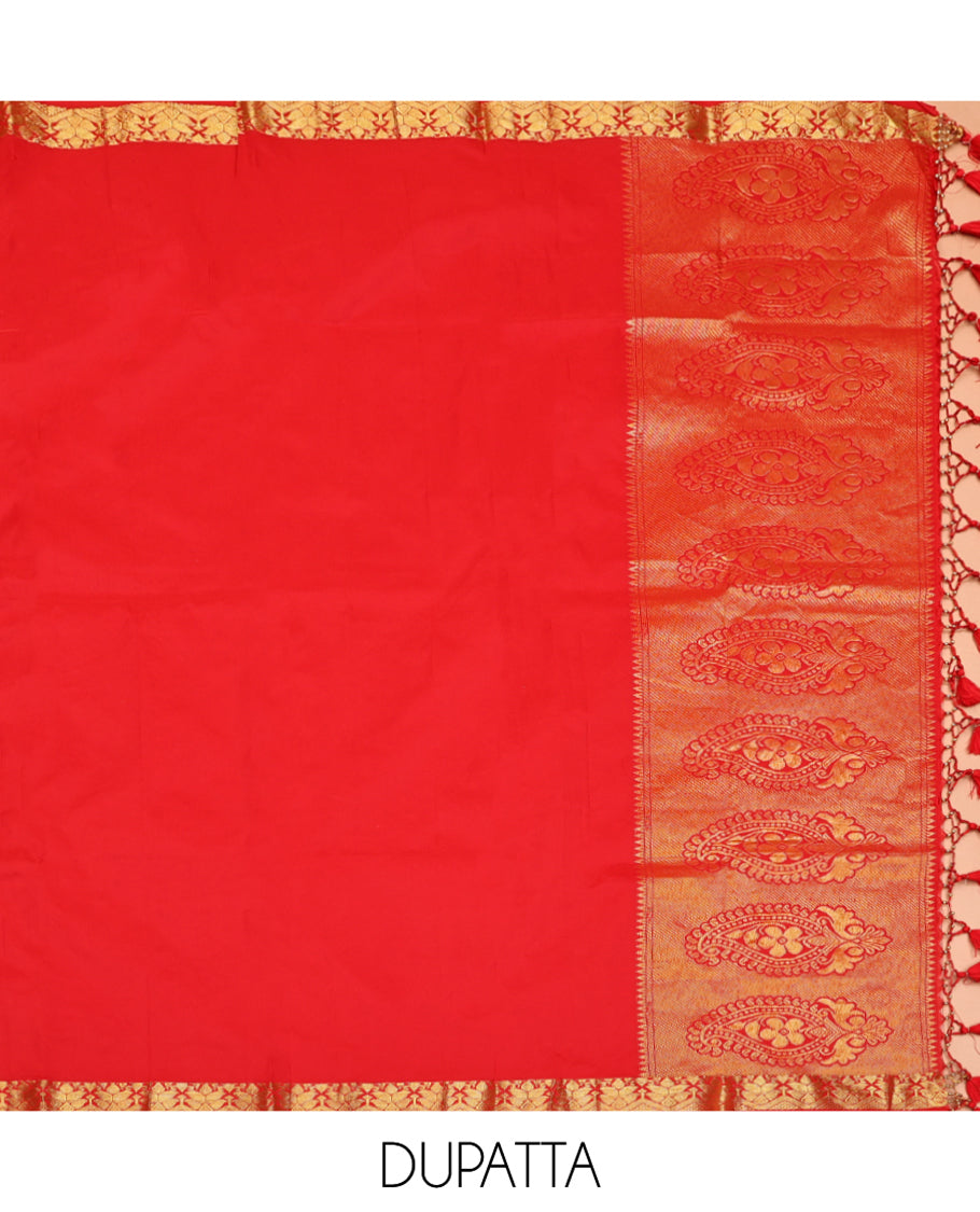 Green Art Silk Half-Saree, Decked Up with Jacquard Design, Contrast Intricate Zari Border, Paired with a Contrast Jacquard Blouse, and an Intricate Dhavani