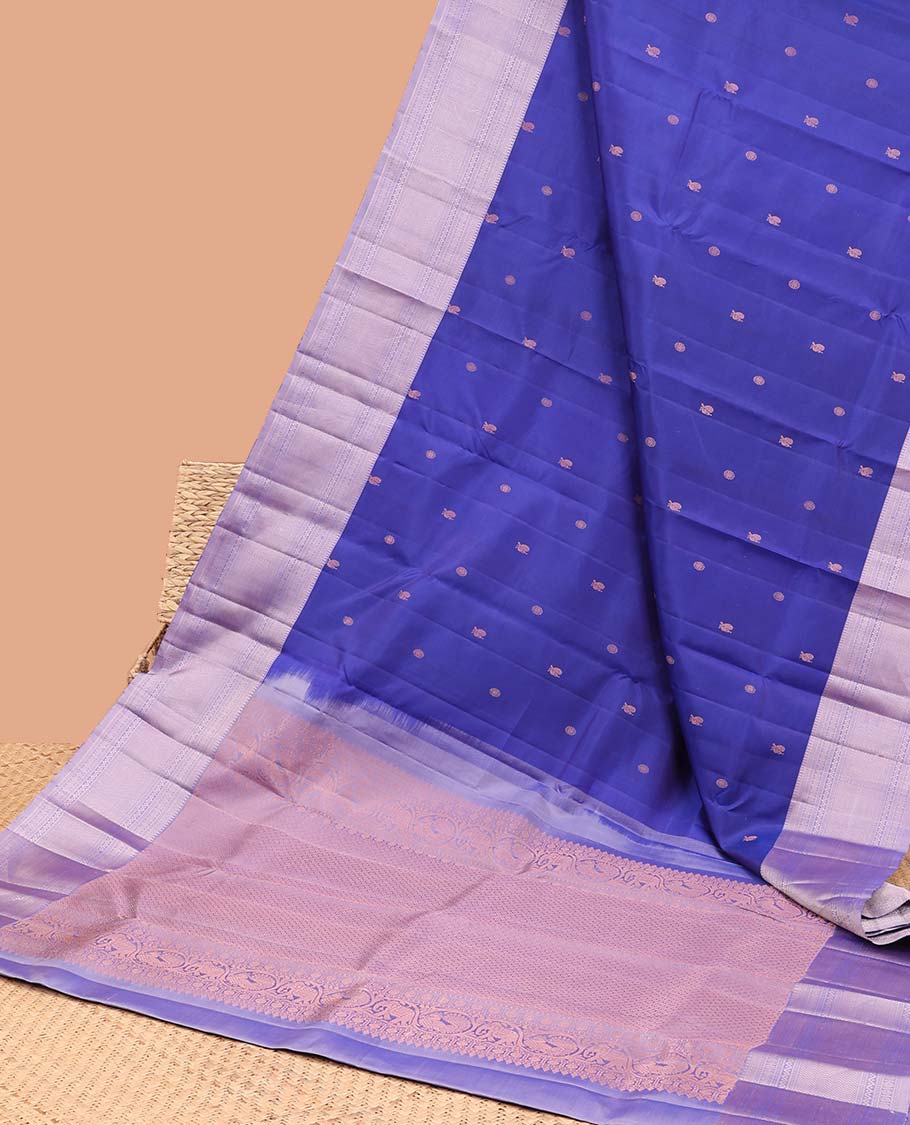 Dark blue buttas kancheepuram silk saree with contrast border of thilakam mokku, muthu, banaras, paun design & zari design pallu