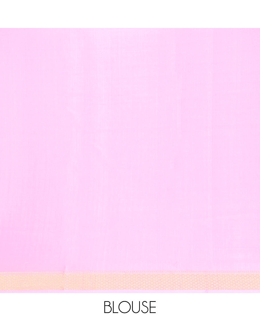 Green Mysore Silk Saree, Ornamented with Zari Checked Design on Its Body, Complemented by a Contrast Traditional Zari Design Border, Sparsely Woven Pallu of Stripes, and Paired with a Contrast Blouse