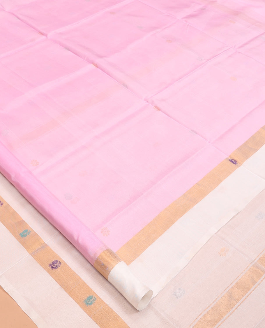 Pink Uppada Silk Saree, Sparsely Woven with Zari Buttas, Complemented By Contrast Butta Woven Border, Pallu of Peacock and Floral Buttas, and a Contrast Blouse