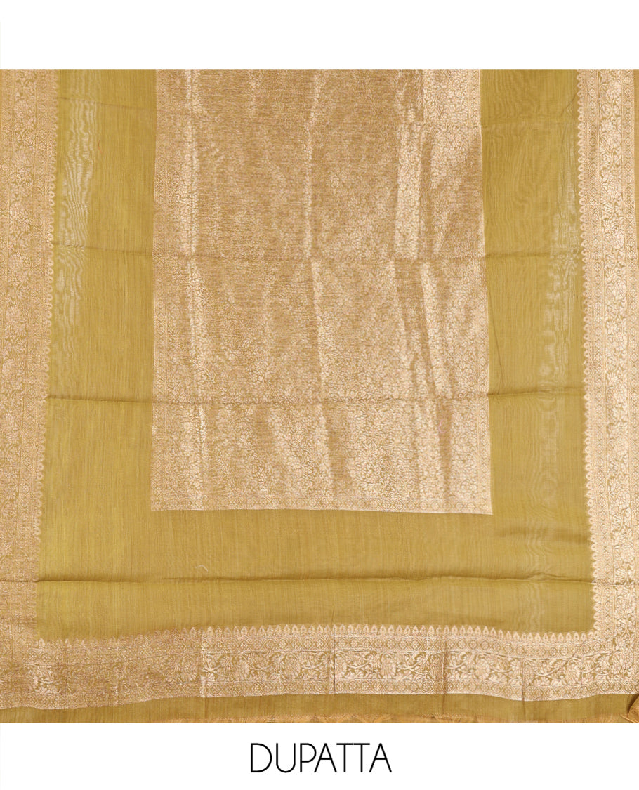 Mehendi Green Banarasi Material Chudidar Features Jacquard Top, a Matching Santoon Bottom, and an Intricately Designed Dupatta