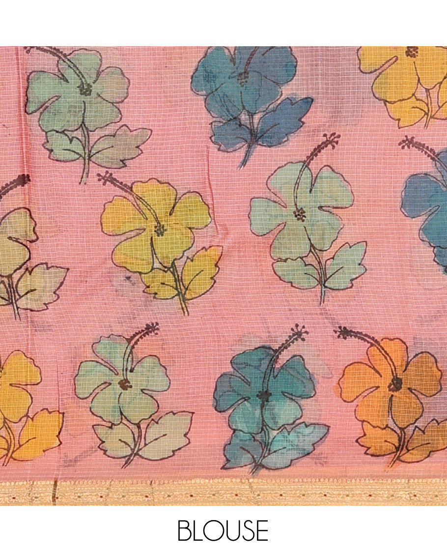 Green Floral-Peacock Pen Kalamkari Silk Saree, Contrast Floral Print Zari Border, Ancient Motif Pallu, a Contrast Blouse