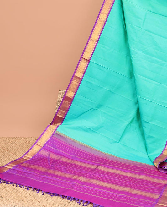 Blue kancheeuram silk saree with contrast korvai zari design border & striped pallu