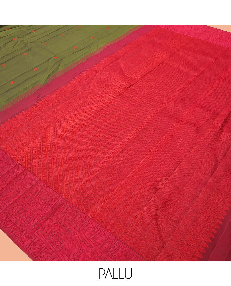 Green Kanchipuram Silk Saree, Delicately Woven with Mayil-Chakram Buttas, a Contrast Border of Thilakam, Kathir, Mayil, and Yaanai Designs, Thread-Woven Pallu, and a Contrast Blouse