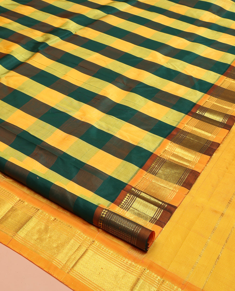 Multi-Color Kanchipuram Silk Saree, Elevated with Palum Pazhamum Checked Design on Its Body, Complemented by a Contrast One-Sided Border of Panner Sombu, Banaras, Muthu, and Mayil Kann Designs, Pallu of Zari Designs, and Comes Without a Blouse